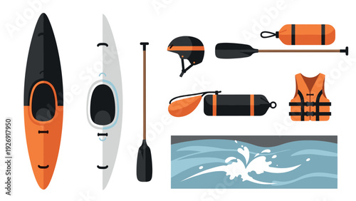 two kayaks with paddles helmets life jackets and equipment flat hand drawn set for water sports and safety