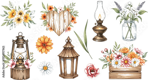 Delicate floral illustrations and lanterns arranged in a visually appealing digital clipart collection