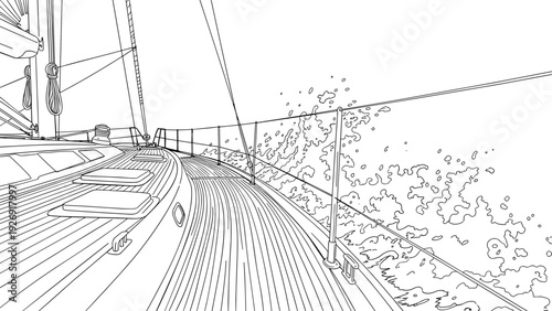 sailboat deck and railing with hand drawn splashing sea waves line art illustration