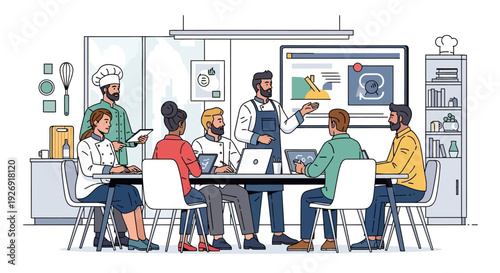 Culinary team meeting discussing new recipes and strategies.