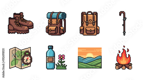 pixel art hiking gear set including boots backpack map water bottle mountain sunset and campfire in pixel art style for outdoor adventure design
