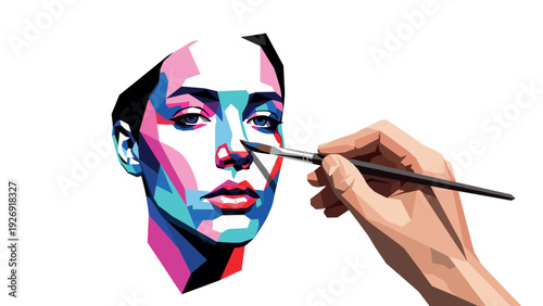 hand painting colorful geometric female face portrait in modern pop art style