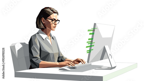 woman working on computer typing on keyboard low poly geometric illustration