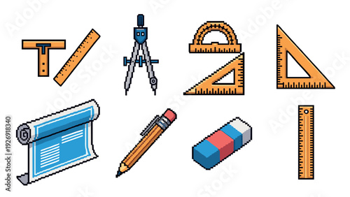 pixel art set of engineering tools including ruler protractor compass pencil eraser and blueprint in pixelated style