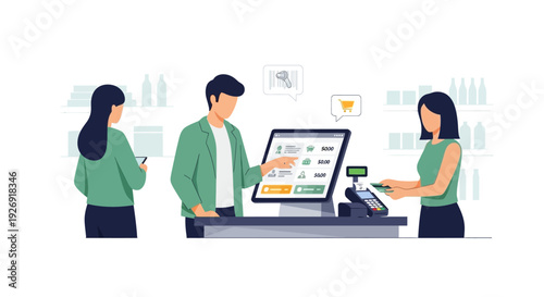 Customer paying at checkout counter with cashier and another customer.