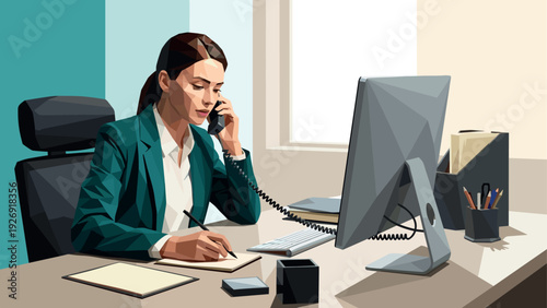 businesswoman talking on phone and writing notes at office desk in low poly style