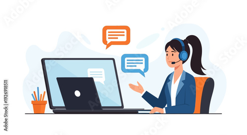 Customer service representative with headset and laptop.