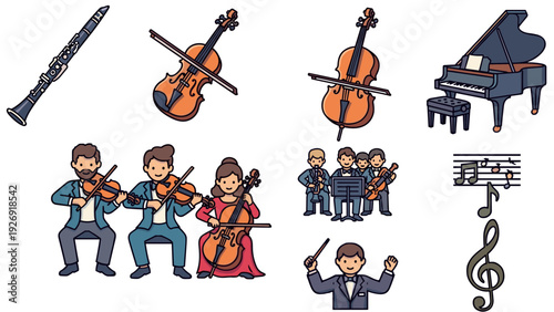 hand drawn classical orchestra musical instruments and musicians collection in cartoon style