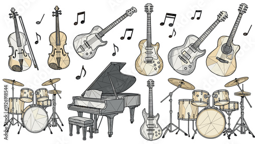 set of hand drawn acoustic and electric musical instruments with drum kits and piano in polygonal style