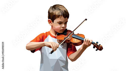 young boy playing violin in polygonal style digital illustration for music education