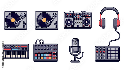 retro pixel art music equipment set including turntables dj mixer headphones keyboard drum machine microphone and sampler