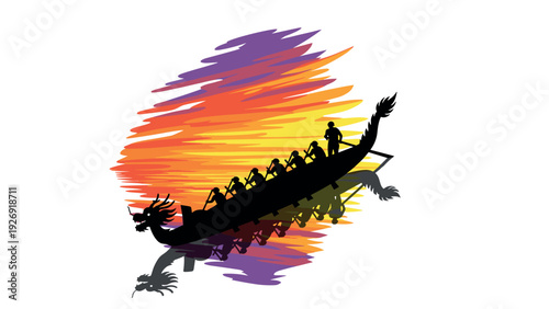 silhouette of dragon boat team paddling during colorful sunset hand drawn illustration
