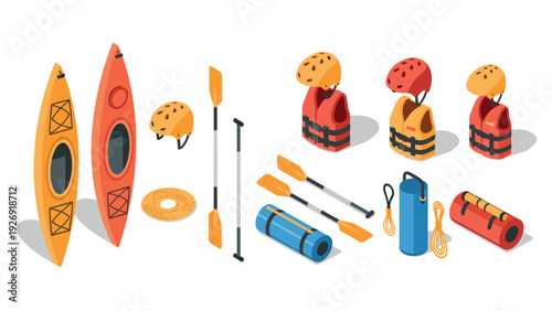 kayaking equipment set with hand drawn style including kayaks paddles helmets life jackets and camping gear