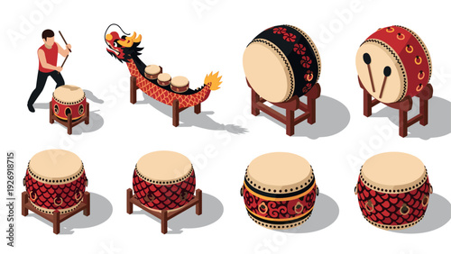 isometric asian traditional taiko drums and dragon boat drum with man playing hand drawn set