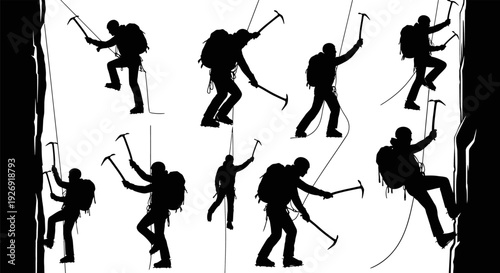 Silhouettes of climbers ascending a rock face with ropes and equipment.