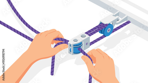 hands tying purple rope using block and pulley system flat vector illustration