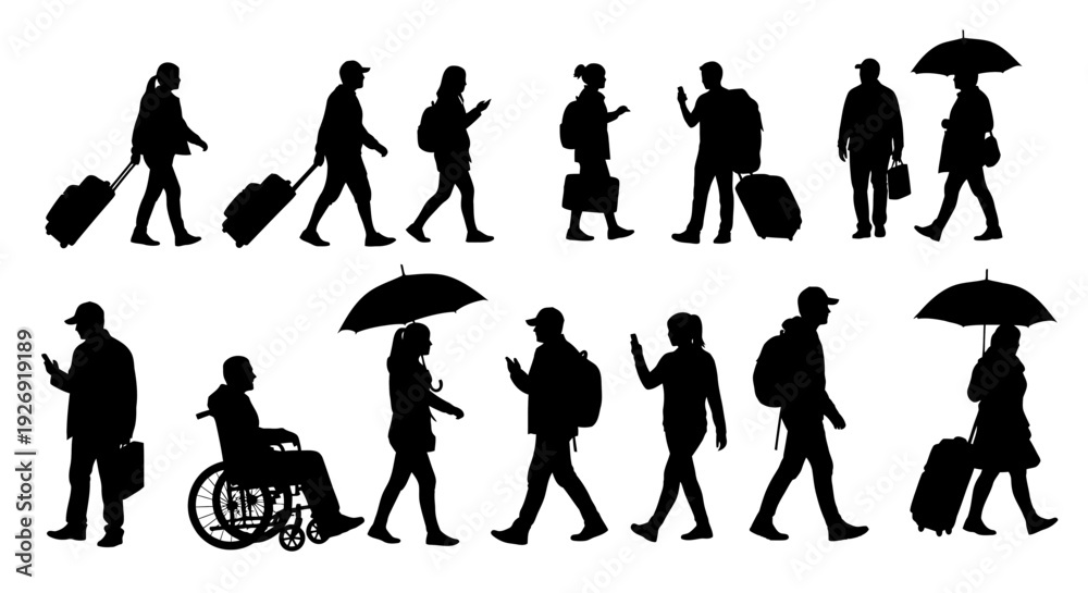 Fototapeta premium Collection of silhouetted people walking with various accessories.