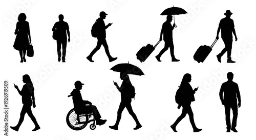 Silhouettes of people walking with various accessories and mobility aids.