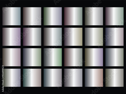 Industrial metallic gradient grid featuring twenty four silver and steel squares with vertical highlights and subtle color tints for professional engineering and technology backgrounds