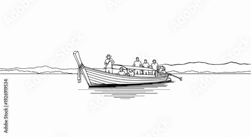 Sketch of a longboat with passengers on a calm body of water