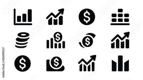 Business finance silhouette logos and icons featuring graphs charts and dollar signs on white background for corporate finance concepts