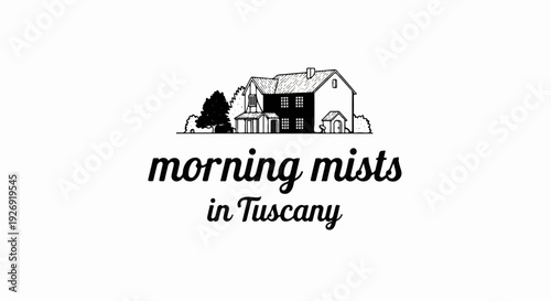 Sketch of a rustic house with trees and text