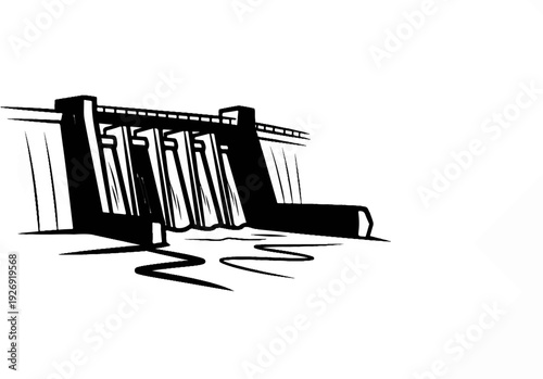 Stylized black and white illustration of a large concrete dam with water flowing over it