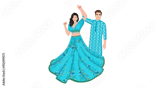 A couple in traditional Indian clothing dancing together happily