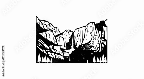 Stylized black and white graphic of a dramatic waterfall cascading between rugged cliffs, with trees