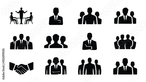 Business people icons set in black silhouette style for corporate use and professional communication