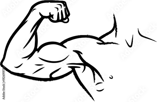 Stylized drawing of a flexing muscular arm, black ink on white
