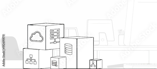Stylized cubical blocks represent data storage, cloud, and networks on a desk