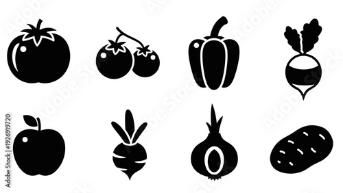 set of black silhouette vegetable and fruit icons in simple flat style for design