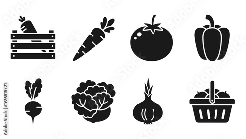 set of vegetable and fruit icons in black silhouette style with crate basket and different produce