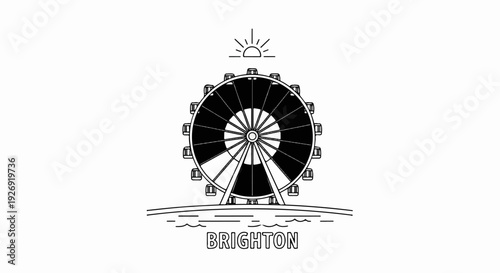 Stylized Ferris wheel silhouette with sun and waves, city name below