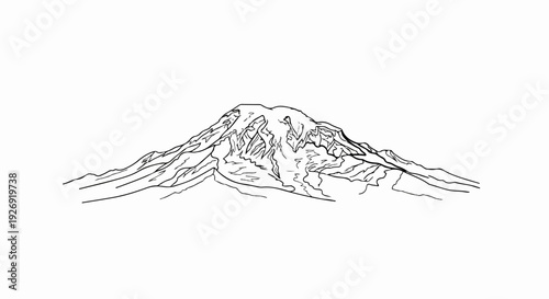 Stylized ink drawing of a majestic mountain peak with snow-capped summit