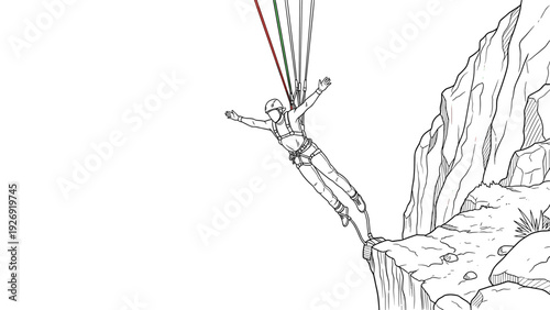 person bungee jumping off cliff hand drawn line art extreme sports adventure illustration