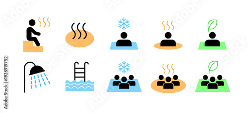 サウナと、各種風呂（冷水、薬湯、温泉）のカラーアイコンセット