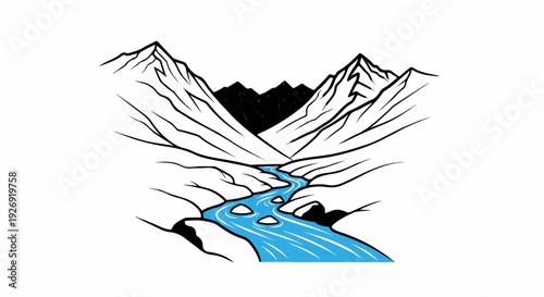 Stylized mountains flank a bright blue river flowing between rocky banks
