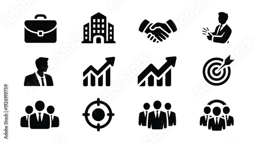 Business and corporate silhouette icons set including people targets graphs buildings briefcases and handshakes on white background