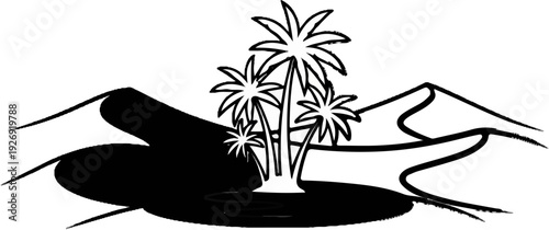 Stylized oasis with palm trees and desert dunes