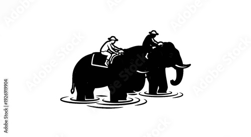 Two people riding elephants wading through water