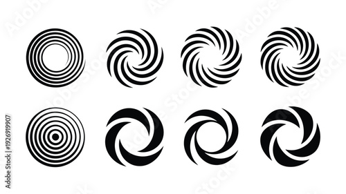 Set of abstract circular background silhouettes with swirling black and white patterns on a plain white background for design and graphic resources