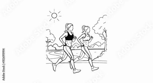 Two women running in park with sun and trees