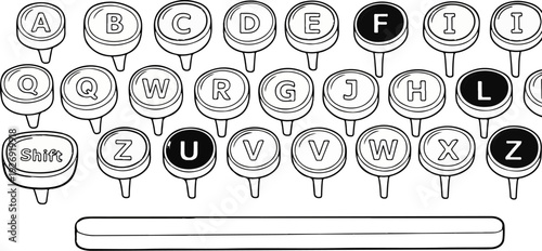 Vintage typewriter keys arranged alphabetically, with some highlighted