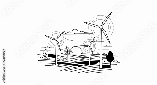 Wind turbines spin in a field with a sunset and clouds