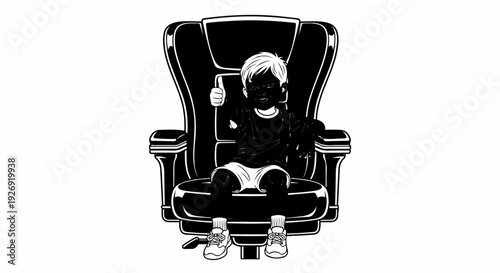 Whimsical depiction of a young child giving a thumbs up while seated regally in a large chair