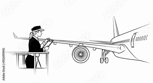 Woman in uniform inspects airplane wing from a platform, holding tablet