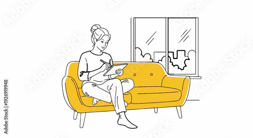 Woman sits on sofa drawing on a tablet with a cityscape visible through window