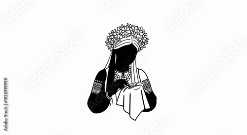 Woman in floral headpiece, adorned, embroiders fabric